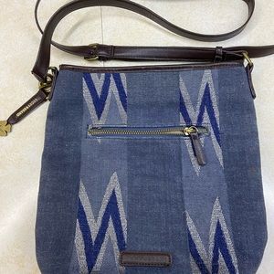 Lucky Brand Blue/Brown Leather Trim Aztec Crossbody Bag, 11 x 11 x 3.5”